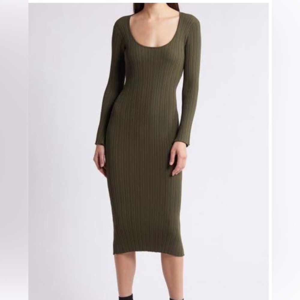 WAYF “Alexi” Green Ribbed Long Sleeve Midi Dress – Size Medium – NWOT
